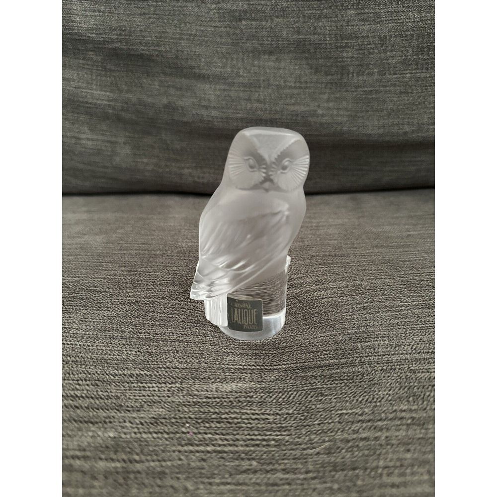 Vintage Signed Lalique France Frosted & Clear Crystal Owl Figure / Paperweight